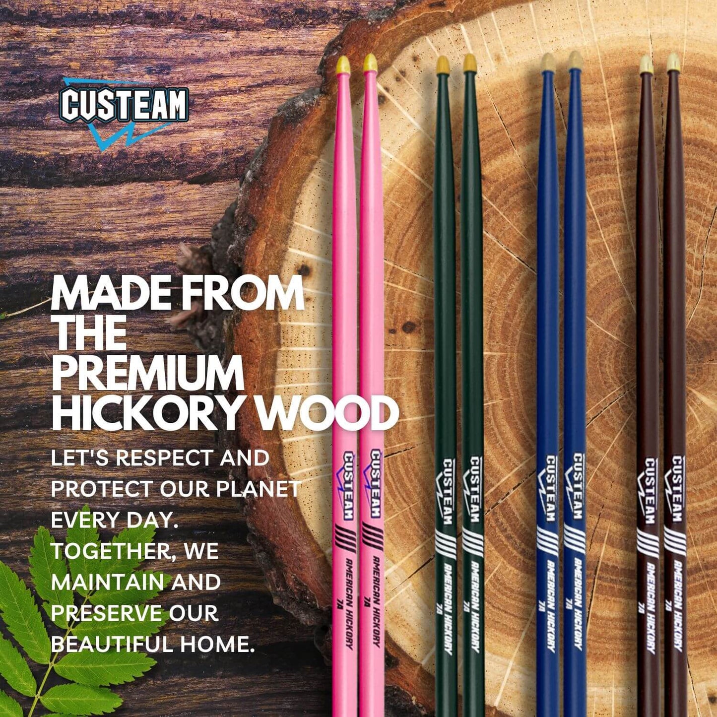 CUSTEAM Colored Drumsticks Set - 5A & 7A Hickory Drumsticks in Pink, Brown, Blue, and Green - Drumsticks - custeam