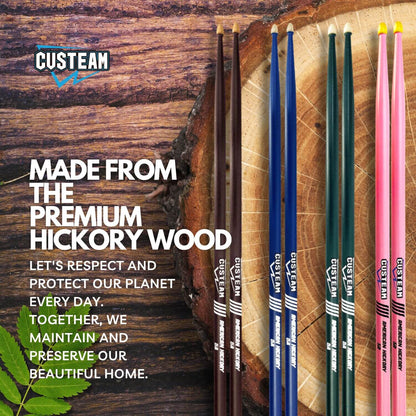 CUSTEAM Colored Drumsticks Set - 5A & 7A Hickory Drumsticks in Pink, Brown, Blue, and Green - Drumsticks - custeam