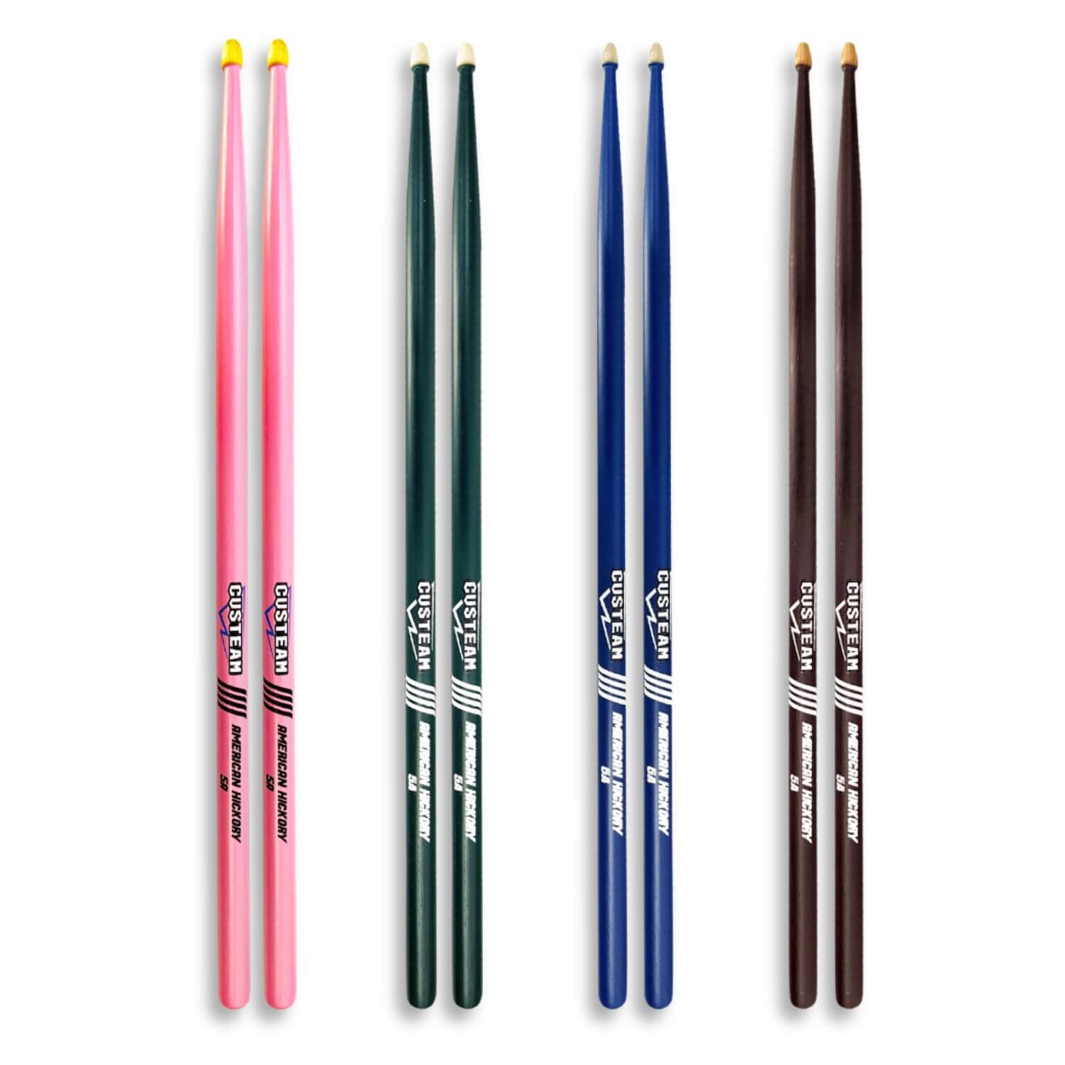 CUSTEAM Colored Drumsticks Set - 5A & 7A Hickory Drumsticks in Pink, Brown, Blue, and Green - Drumsticks - custeam