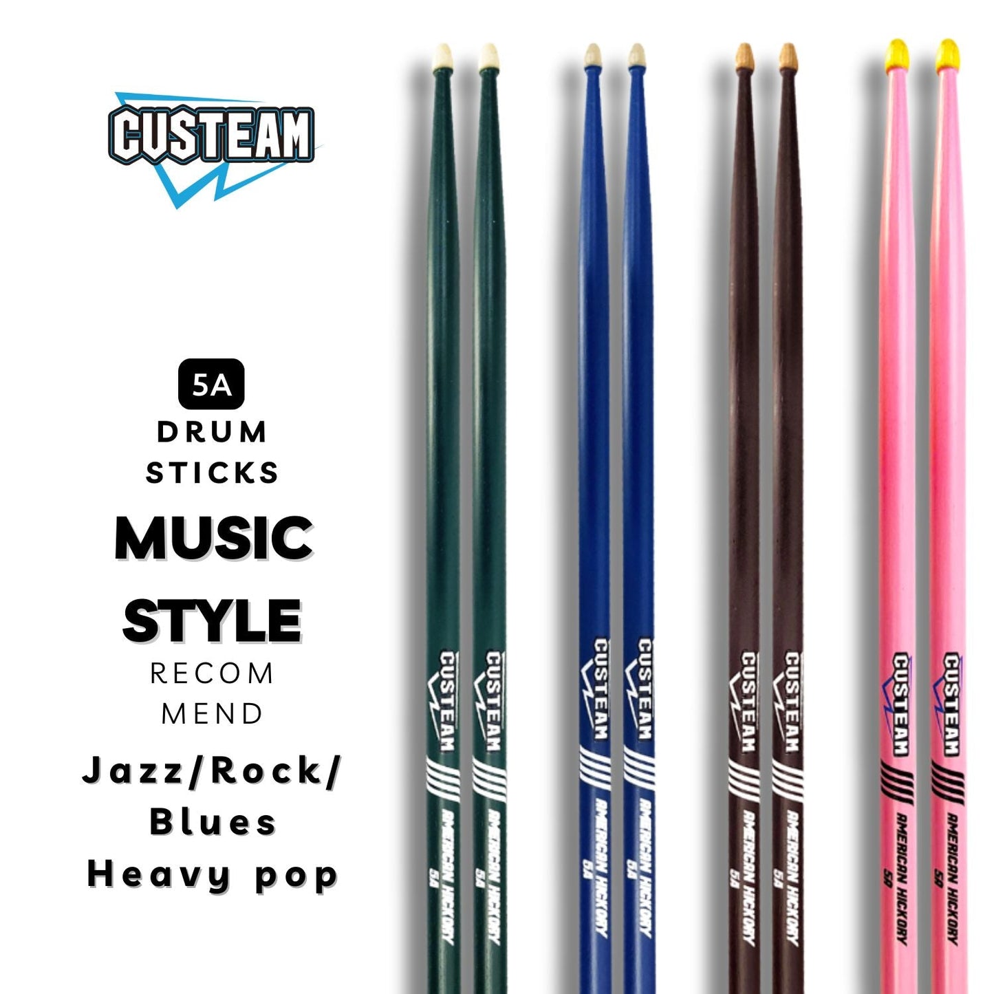 CUSTEAM Colored Drumsticks Set - 5A & 7A Hickory Drumsticks in Pink, Brown, Blue, and Green - Drumsticks - custeam