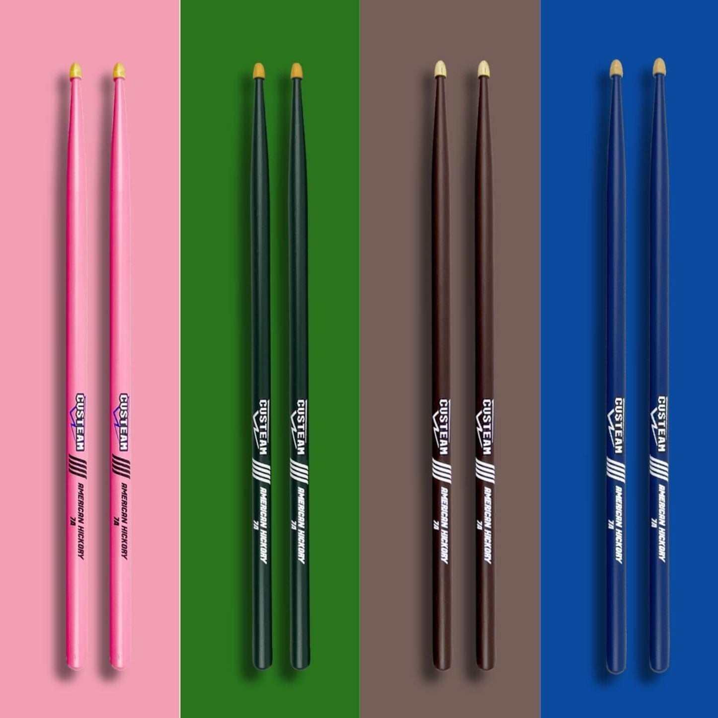 CUSTEAM Colored Drumsticks Set - 5A & 7A Hickory Drumsticks in Pink, Brown, Blue, and Green - Drumsticks - custeam