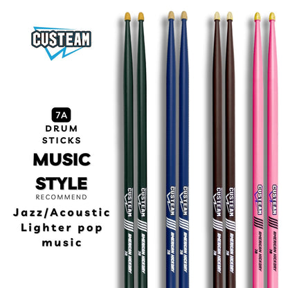 CUSTEAM Colored Drumsticks Set - 5A & 7A Hickory Drumsticks in Pink, Brown, Blue, and Green - Drumsticks - custeam