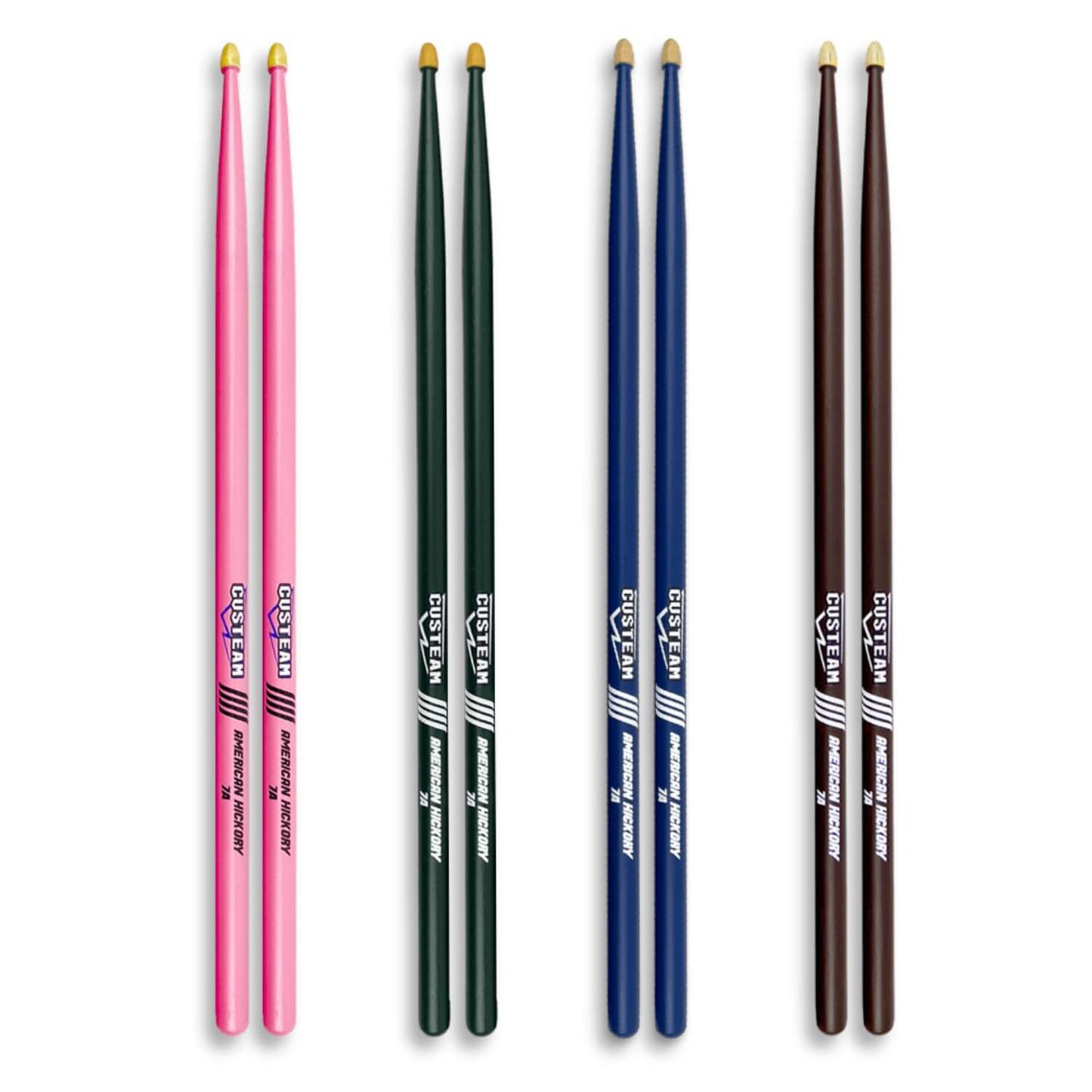 CUSTEAM Colored Drumsticks Set - 5A & 7A Hickory Drumsticks in Pink, Brown, Blue, and Green - Drumsticks - custeam