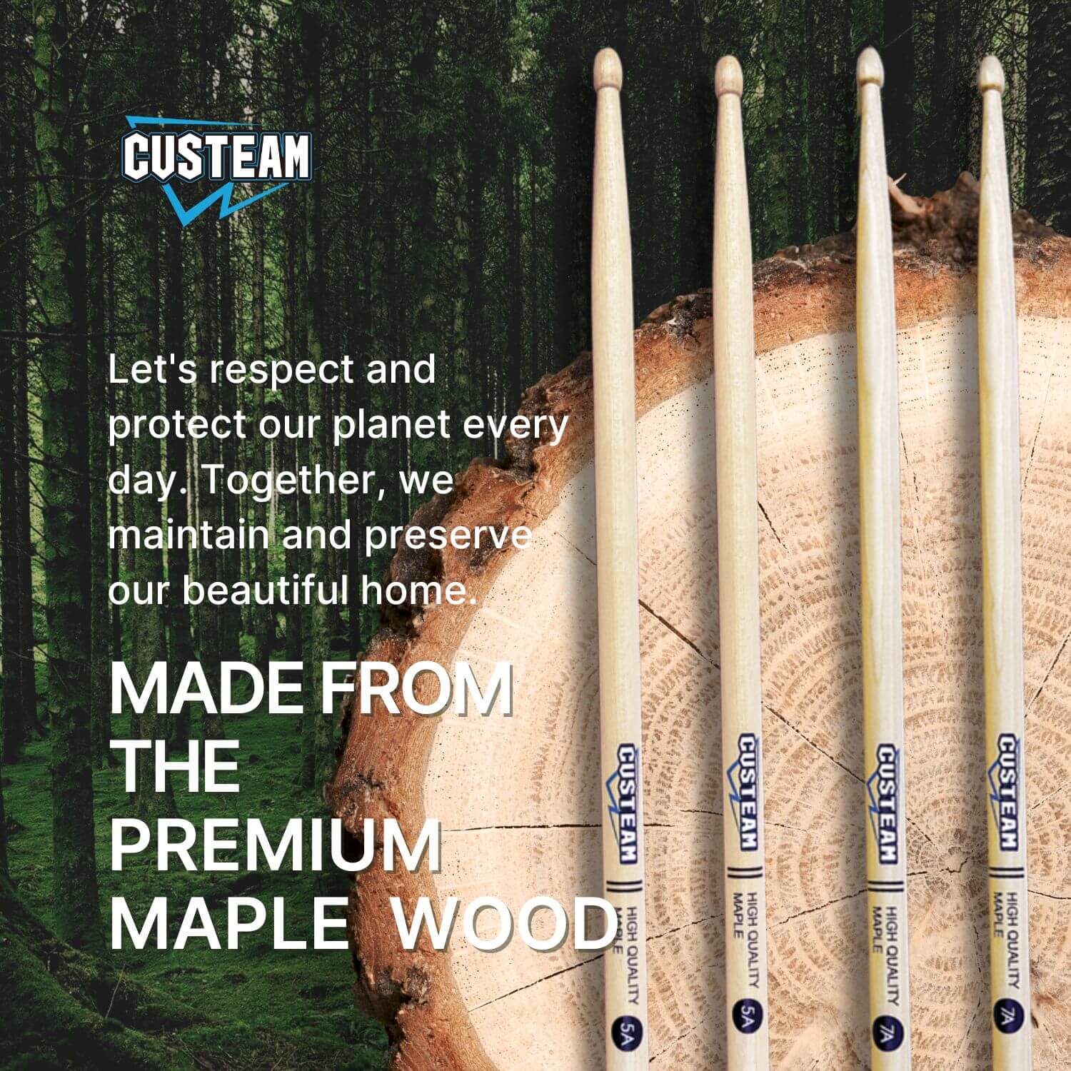 CUSTEAM Maple Drumsticks 7A/5A - Perfect for Daily Practice - Drumsticks - custeam