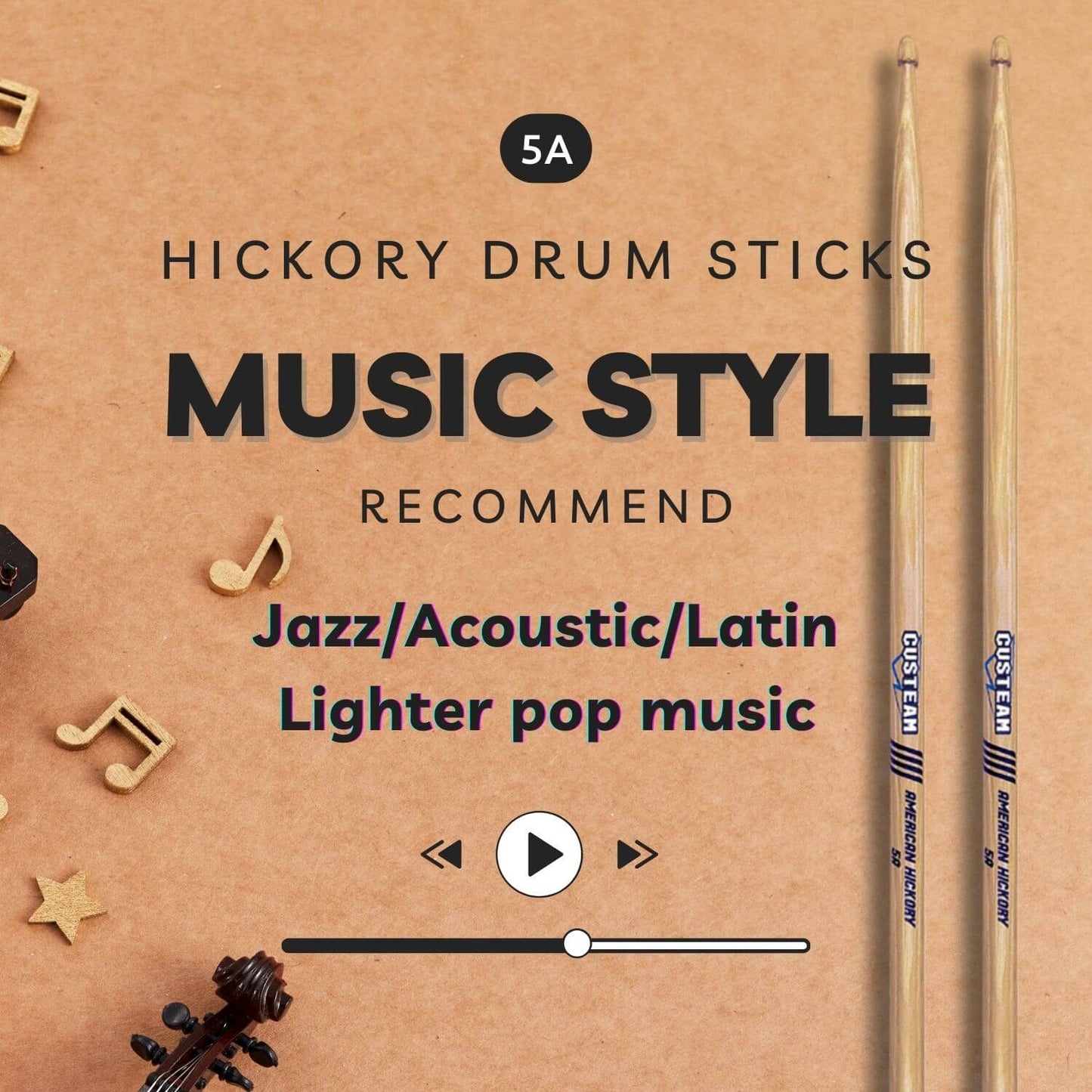 CUSTEAM Standard Hickory Drumsticks - Premium Quality for All Drumming Styles - Drumsticks - custeam