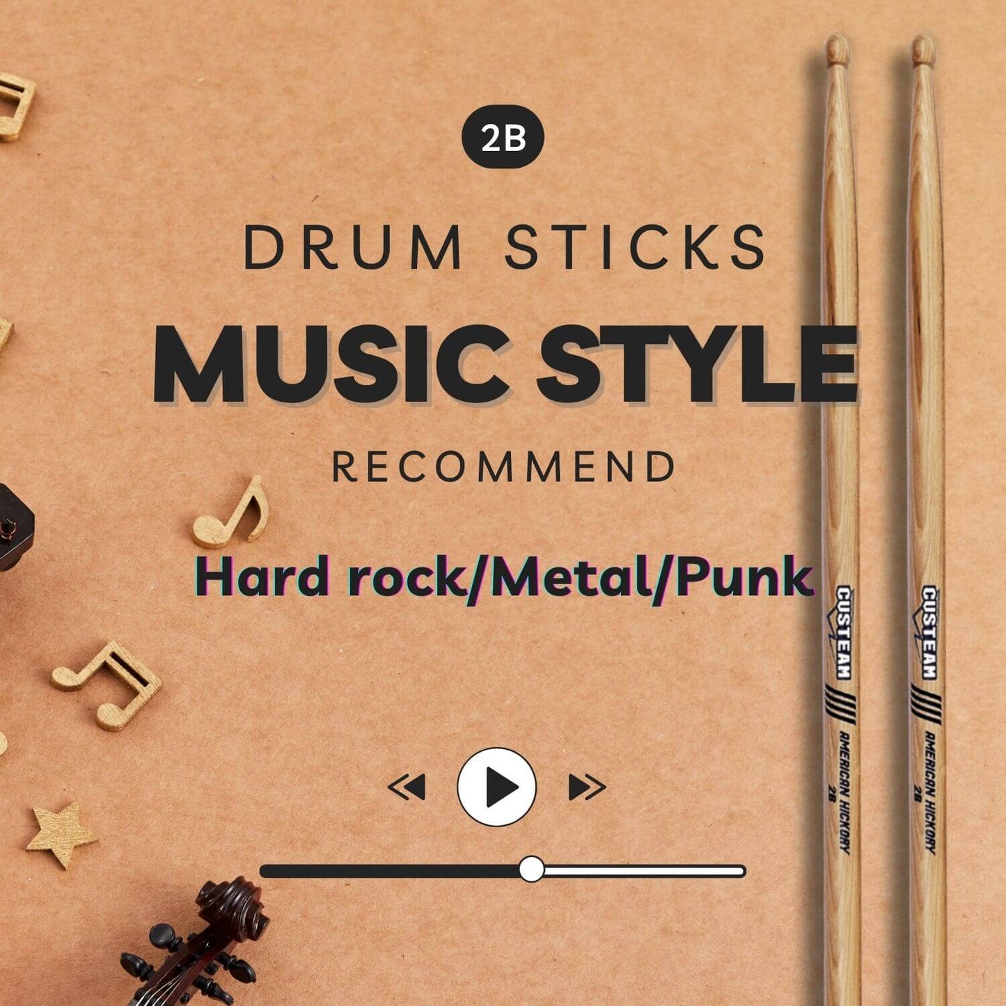 CUSTEAM Standard Hickory Drumsticks - Premium Quality for All Drumming Styles - Drumsticks - custeam