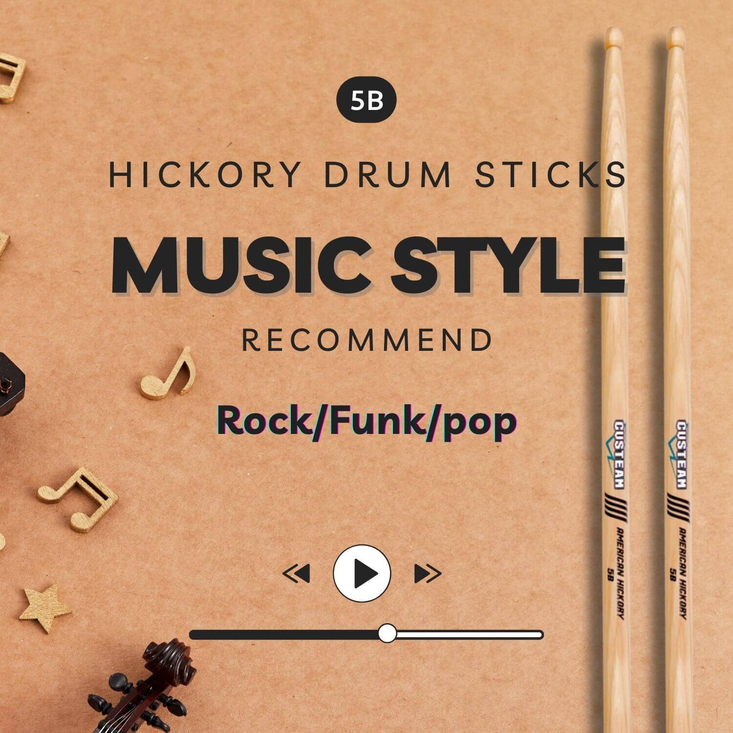 CUSTEAM Standard Hickory Drumsticks - Premium Quality for All Drumming Styles - Drumsticks - custeam